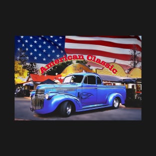 Classic Old American Truck in Blue with American Flag T-Shirt