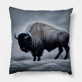 Bison in Snowstorm Pillow