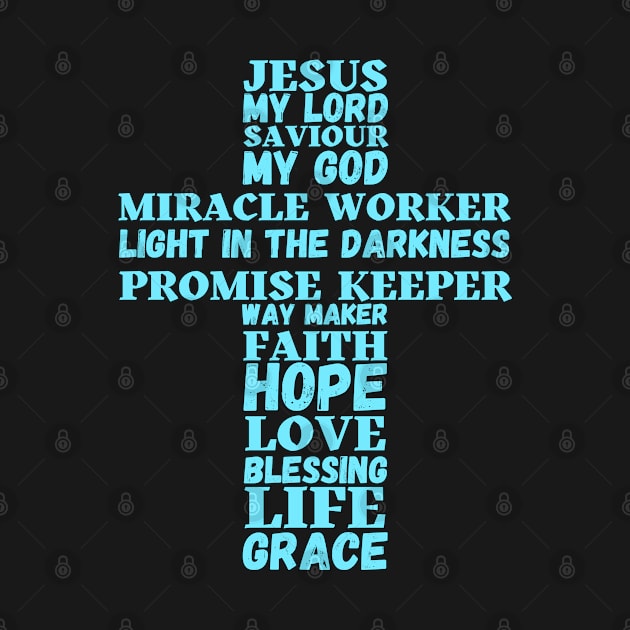 Words about Jesus forming the shape of a cross - turquoise by Blue Butterfly Designs 