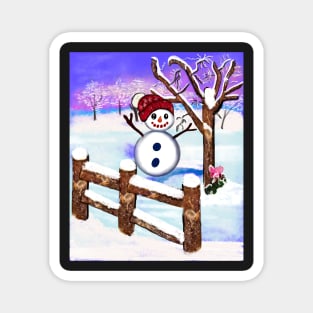 Snowman wearing winter hat  in tranquil winter scenery Magnet