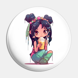 Cute Fairy & Boba Tea Funny Food Retro Japonese Anime Pin