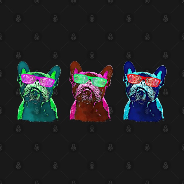 French bulldogs with colorfull psychelic glasses,  80s style neon by Collagedream