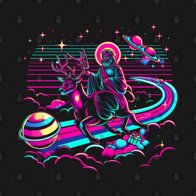 COOL JESUS RIDING RAINDEER RAINBOW RETRO 80'S NEON VIBE by athirdcreatives