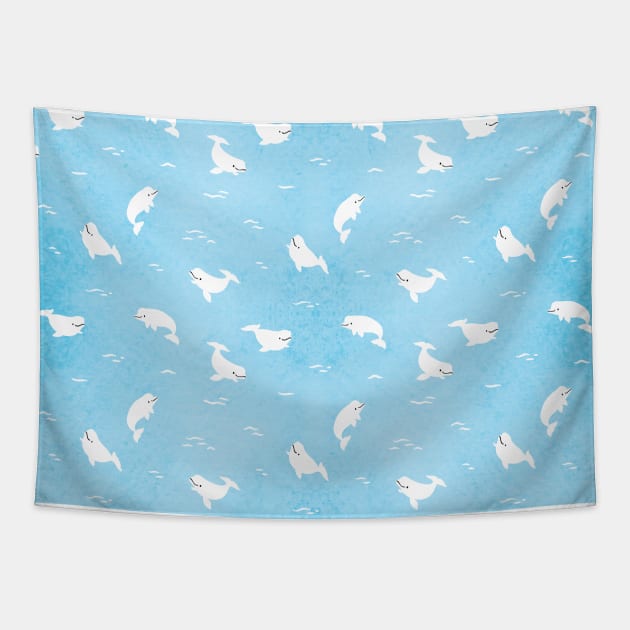 Water Color Beluga Whale Pattern in Blue Tapestry by Noristudio