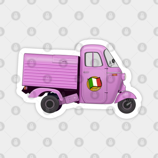 Vintage Pink Italian Motorized Rikshaw with Italian Flag Sticker on the Door Magnet by ibadishi