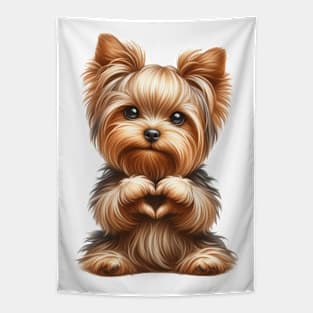 Valentine Yorkshire Terrier Dog Giving Heart Hand Sign Tapestry