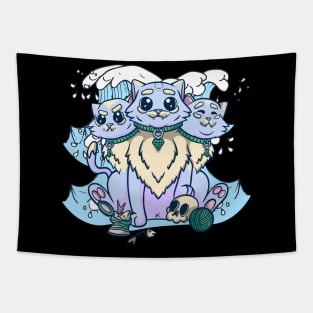 Kawaii Pastel Goth Cute Creepy 3 Headed Cat Skull Tapestry