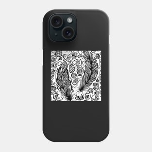 Monochrome Seamless Pattern with Sea Pebbles and Feathers Phone Case