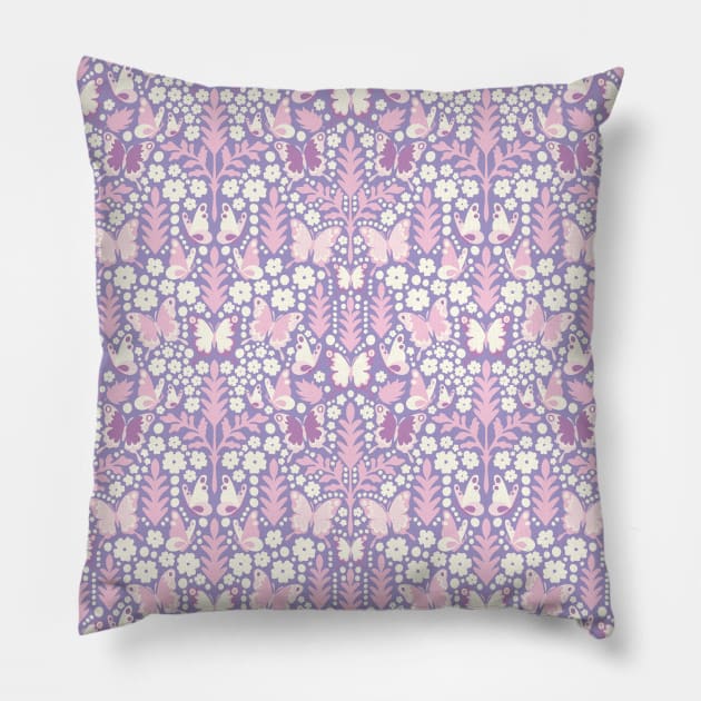 BUTTERFLY DAMASK GEOMETRIC BOTANICAL FLORAL PATTERN PASTEL PURPLE LILAC Pillow by blomastudios