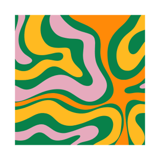 Vibrant Modern Retro Liquid Swirl Abstract Pattern Green Yellow Orange Pink T-Shirt