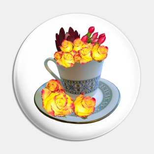 Flowers Neon roses dark - floral bouquet in fine china tea cup with saucer,  yellow roses with red tips Pin