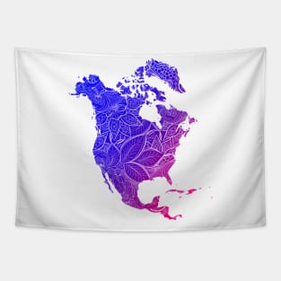 Colorful mandala art map of North America with text in blue and violet Tapestry