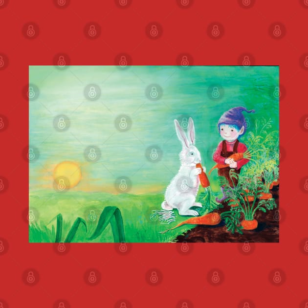 Rabbit Eating Carrot and a Gnome with Purple Hat Illustration by Julia Doria Illustration