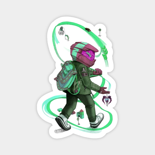 Biker Backpacker - Pink + Green Magnet by Haley Manchon