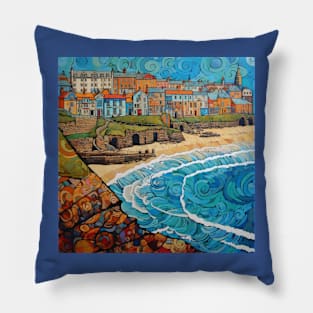 Folk Art Newquay Beach and Town Pillow