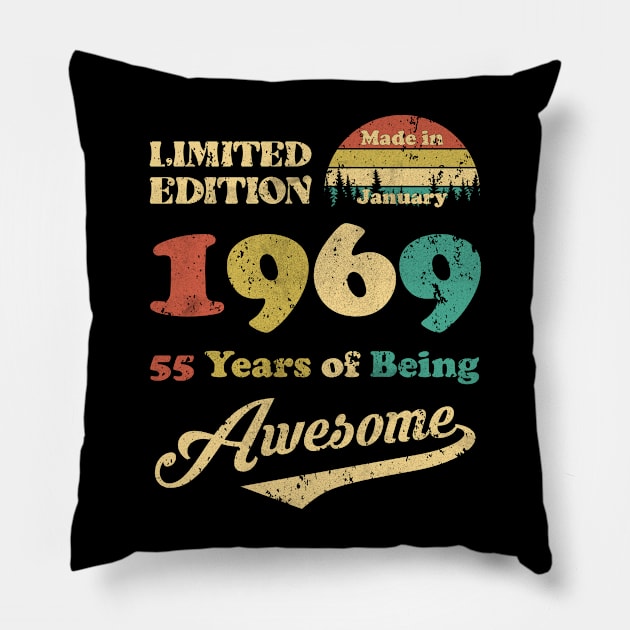 Made In January 1969 55 Years Of Being Awesome Vintage 55th Birthday Pillow by Gadsengarland.Art