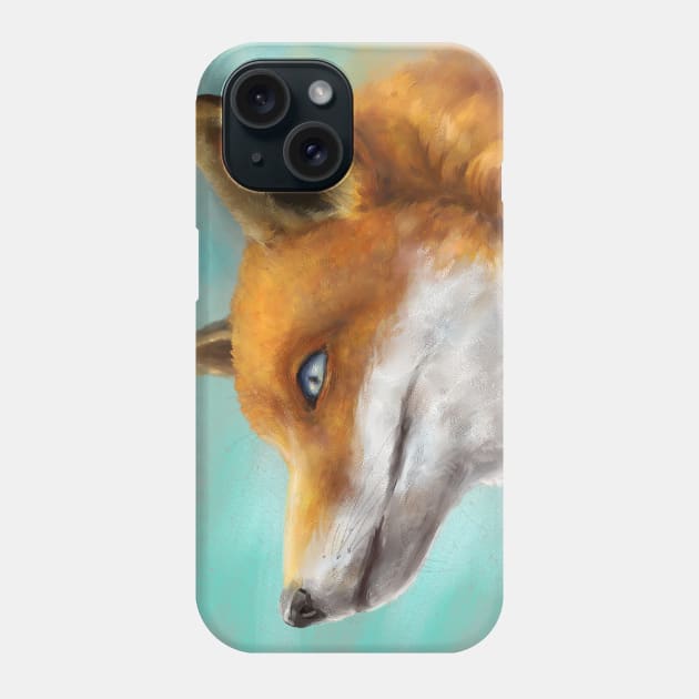 Painting of a Red Fox Looking to the Left with Turquoise Background Phone Case by ibadishi