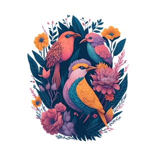 Birds on flowers, sitting together, portrait style T-Shirt