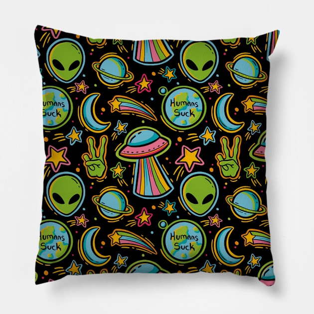Retro 90s Neon Alien Pattern Pillow by JBeasleyDesigns