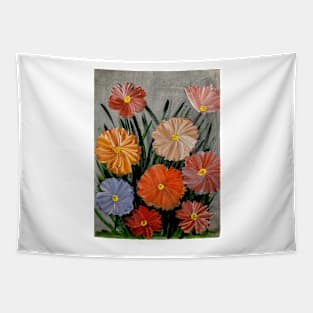 Some wildflowers growing free in red and orange and blue flowers . Tapestry