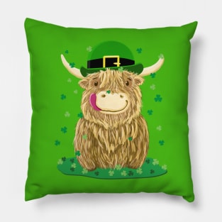 Scottish Highland Cow St Patrick's Day Shamrocks Pillow