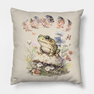 Cute Cottagecore Frog Mushroom Floral Moon Vintage Pillow