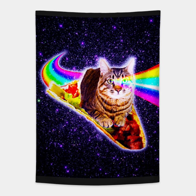 Rainbow Laser Eyes Galaxy Cat Riding Taco Tapestry by Random Galaxy