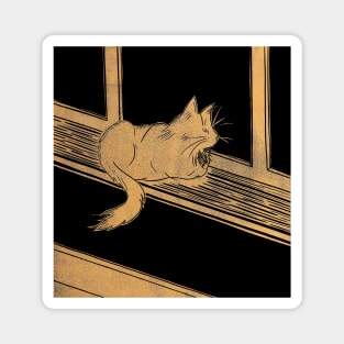 Maine Coon Cat on Windowsill Linocut in Gold and Black Magnet