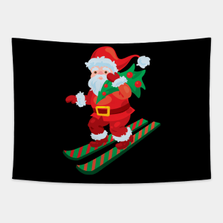 Santa on skis holding christmas Tapestry