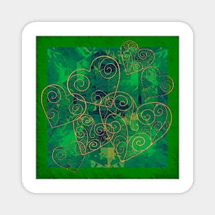 Golden Filigree Hearts on Green Abstract Magnet