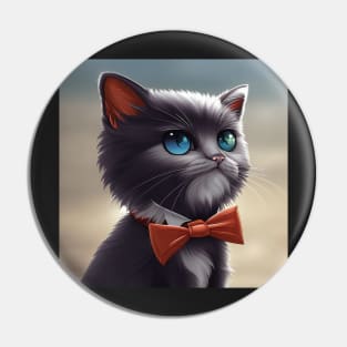 Elegant Grey Cat With an Orange Bow Tie | White and grey cat with blue eyes | Digital art Sticker Pin