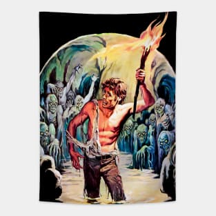 Surrounded by Ghosts Spectral Phantoms at Night Fire Retro Horror Vintage Comics Tapestry