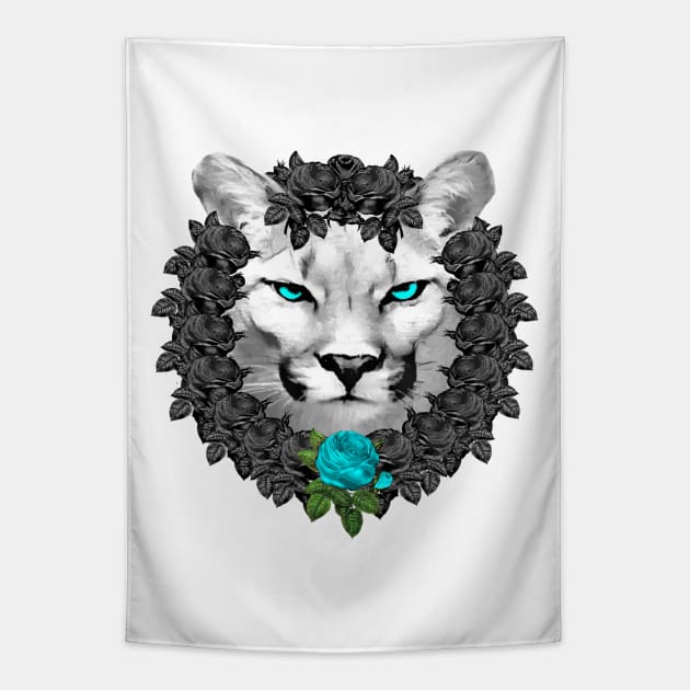 Mountain Lion Blue Rose Wreath Tapestry by Nuletto