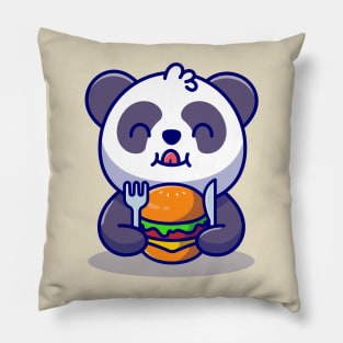 Cute Panda Eating Burger With Fork And Knife Cartoon Pillow