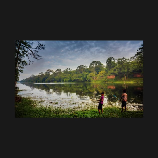 Cambodian kids fishing by dags