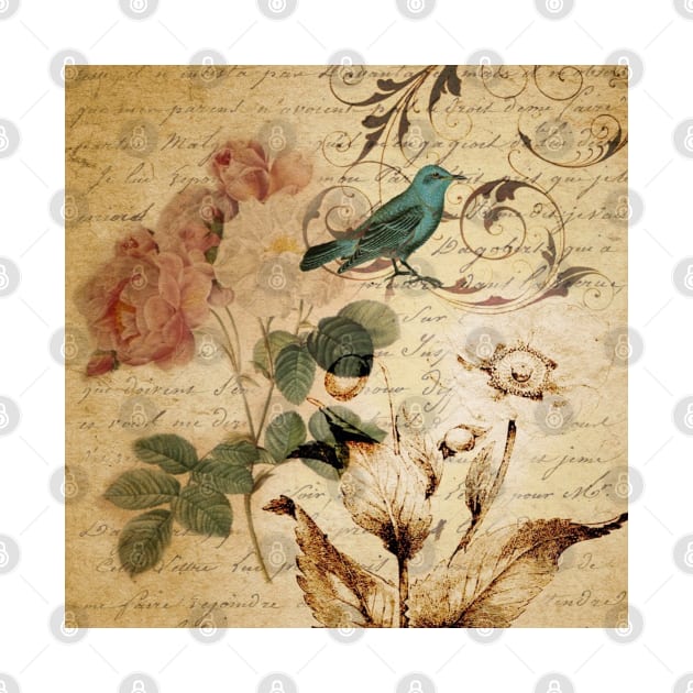 modern vintage rose bird paris french botanical floral art by Tina