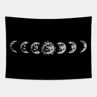 Moon phases; release; recharge; rebirth; moon; night; celestial; silver; metallic; moon cycles; full moon; crescent; sky; night; spiritual; universe; cycles; lunar; moonlight; Tapestry