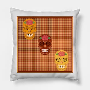 Halloween Sugar Skulls On Autumn Plaid Pillow