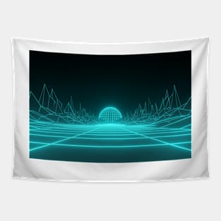 Futuristic landscape of mountains and setting sun Tapestry