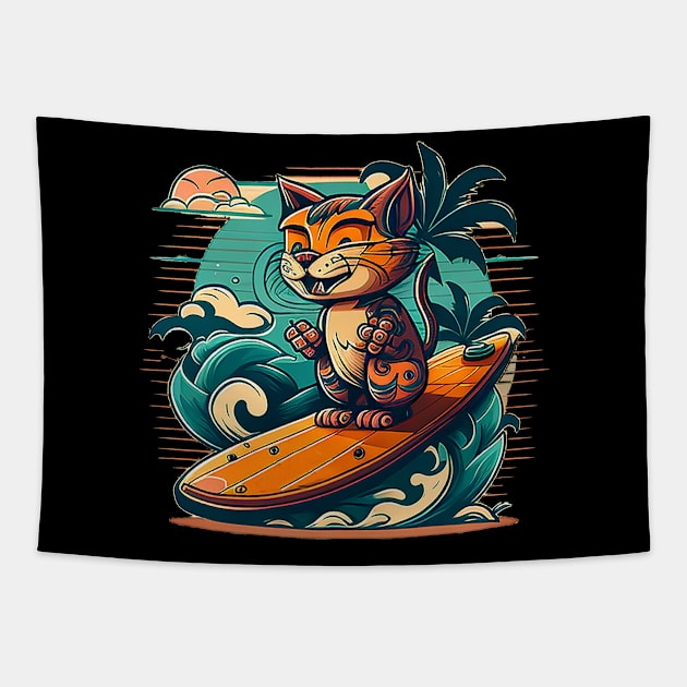 Retro Surf Kitty Tapestry by Kona Cat Creationz