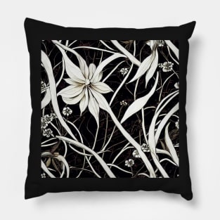 Black and White Vintage Floral Cottagecore Romantic Flower Peony Rose Leaf Design Pillow