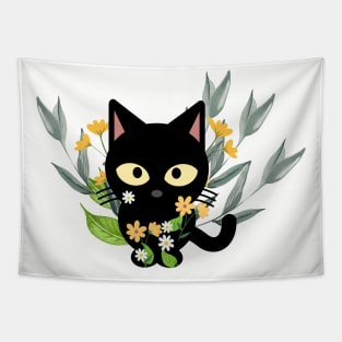 Black Cat With Flowers Tapestry