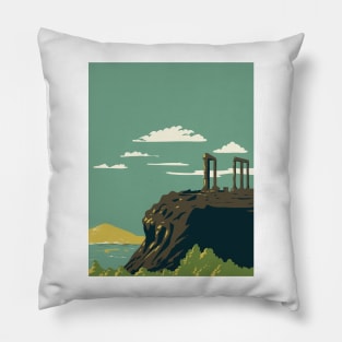 Cape Sounion with Temple of Poseidon Ruins Greece WPA Art Deco Poster Pillow