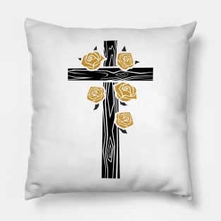 Wooden cross of Jesus Christ decorated with roses Pillow