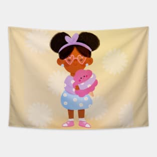 Adorable Black Girl with Cotton Candy - Sweet Floral Art Tapestry