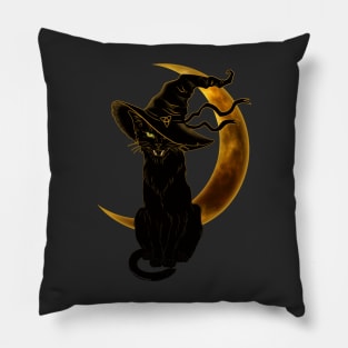 Black Cat with Witch Hat and Crescent Moon Pillow