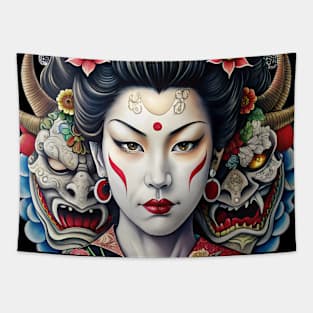 Japanese Geisha with Oni Masks Tattoo Tapestry