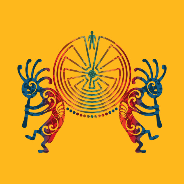 Kokopelli & Man In The Maze Symbol colored Native American TShirt