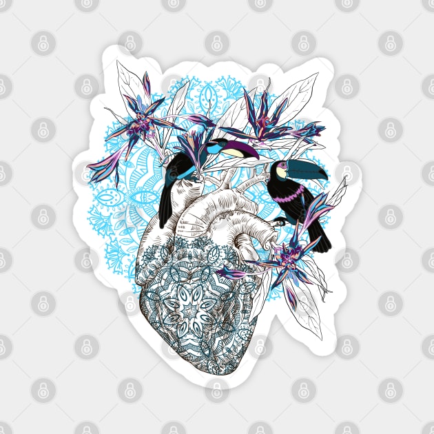 Human anatomical heart with flowers and two toucan birds Magnet by Olga Berlet