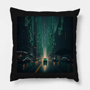 Evening City in Green Code Pillow